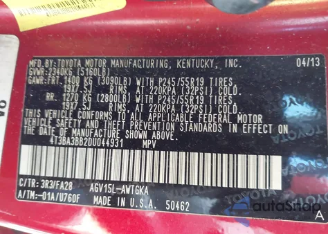 2013 Toyota Venza Le/Xle from USA, damaged, VIN 4T3BA3BB2DU044931